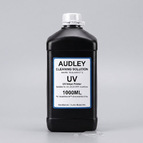 A 1000ml bottle of Audley UV Inkjet Printer Cleaning Solution, featuring a black plastic bottle with a white cap and a white label with blue borders.